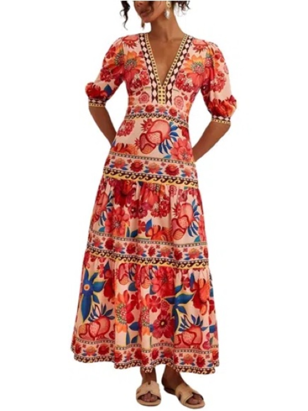 CAMILA BLANCO Tropical Floral Printed Vacation V Neck Dress Size 4 NWT